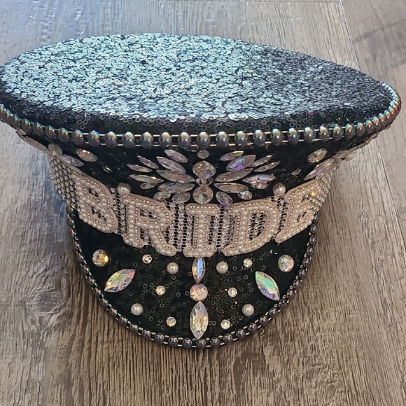 Black Silver Rhinestone & Sequin Bridal Bachelorette Party Captains Cap - Picture 1 of 6
